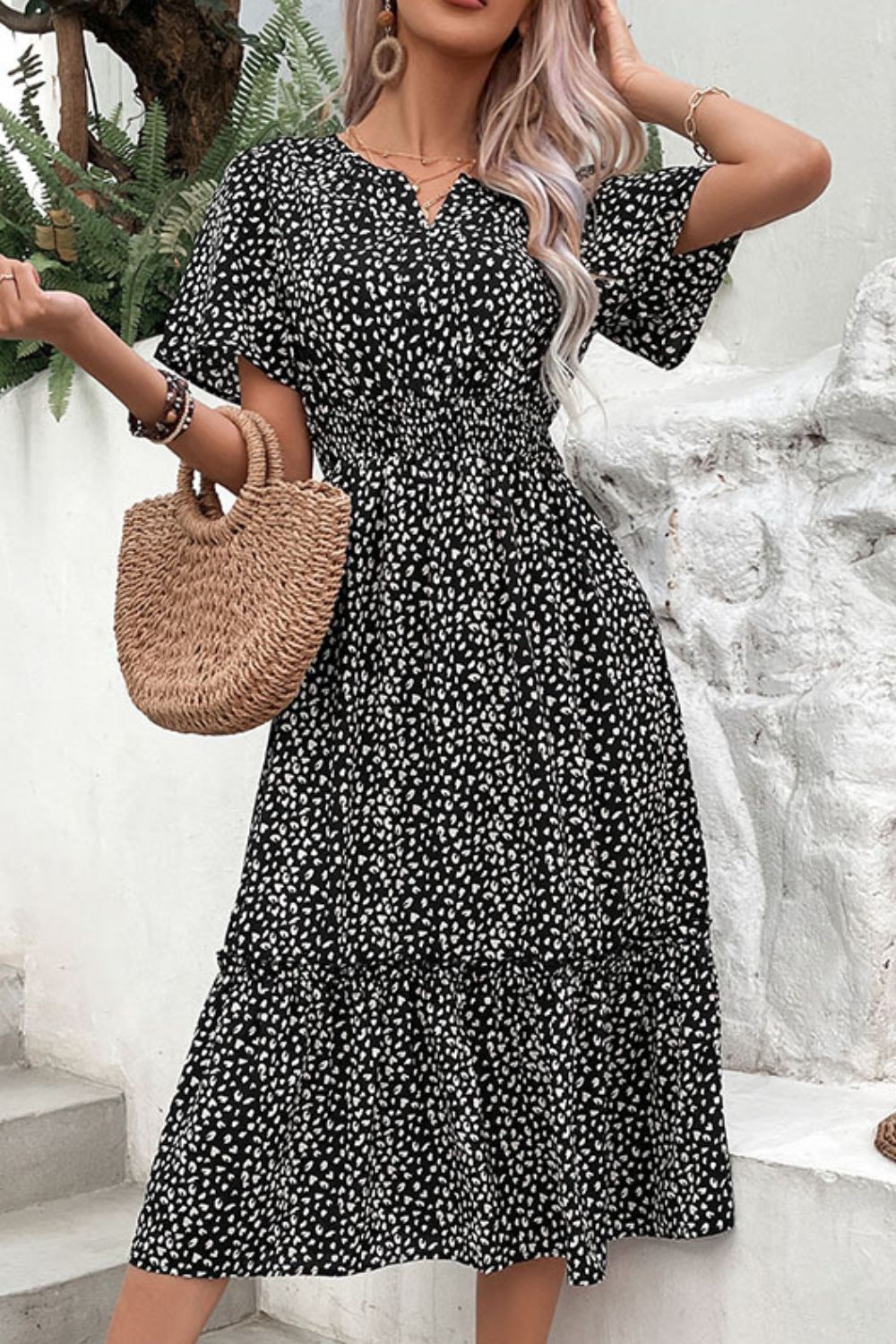 Detail of leopard print pattern on Perfee short sleeve midi dress.