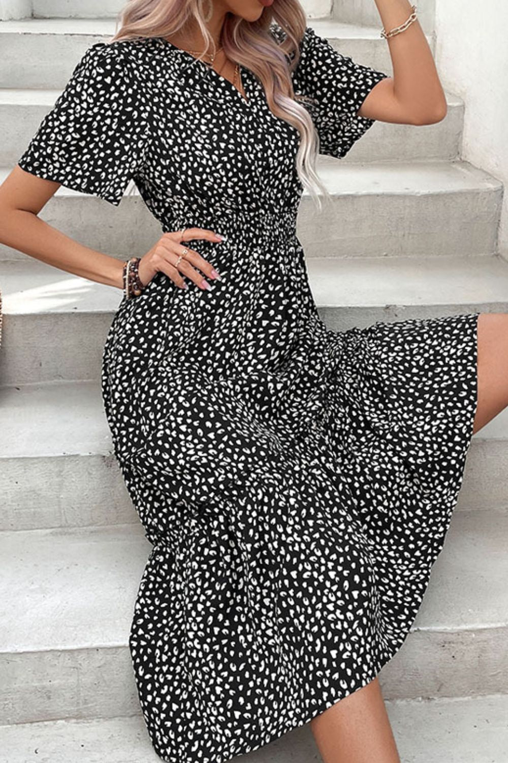 Front view of women's Perfee leopard print short sleeve midi dress.
