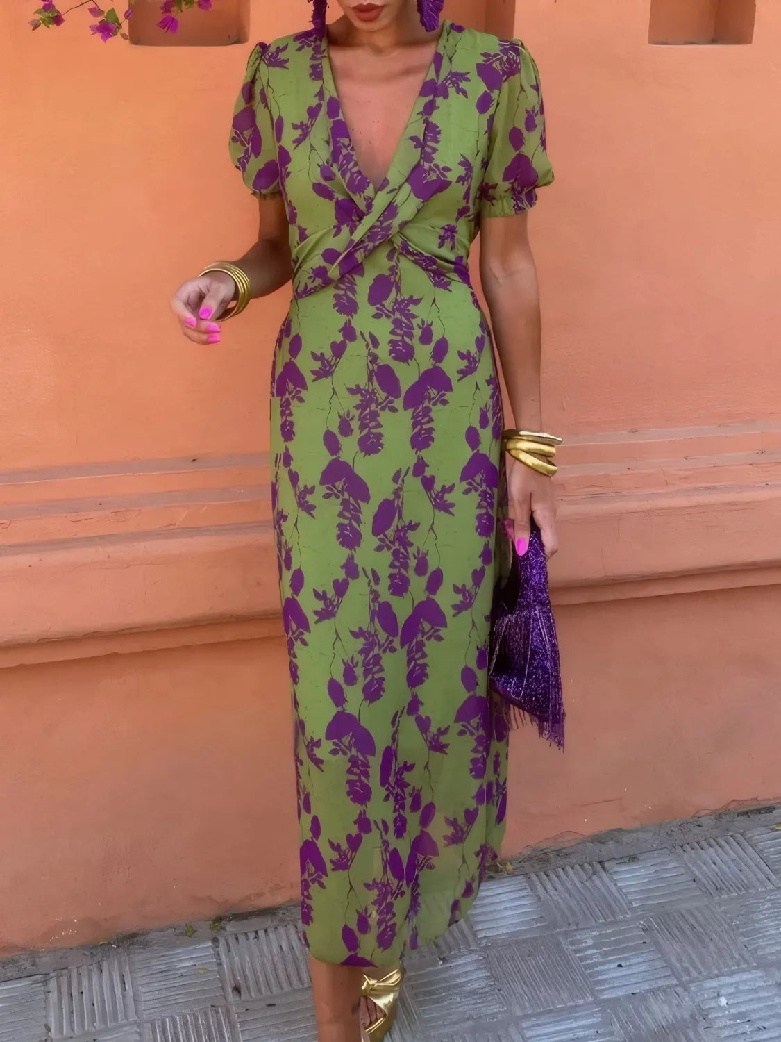 Front view of women's printed plunge short sleeve midi dress.