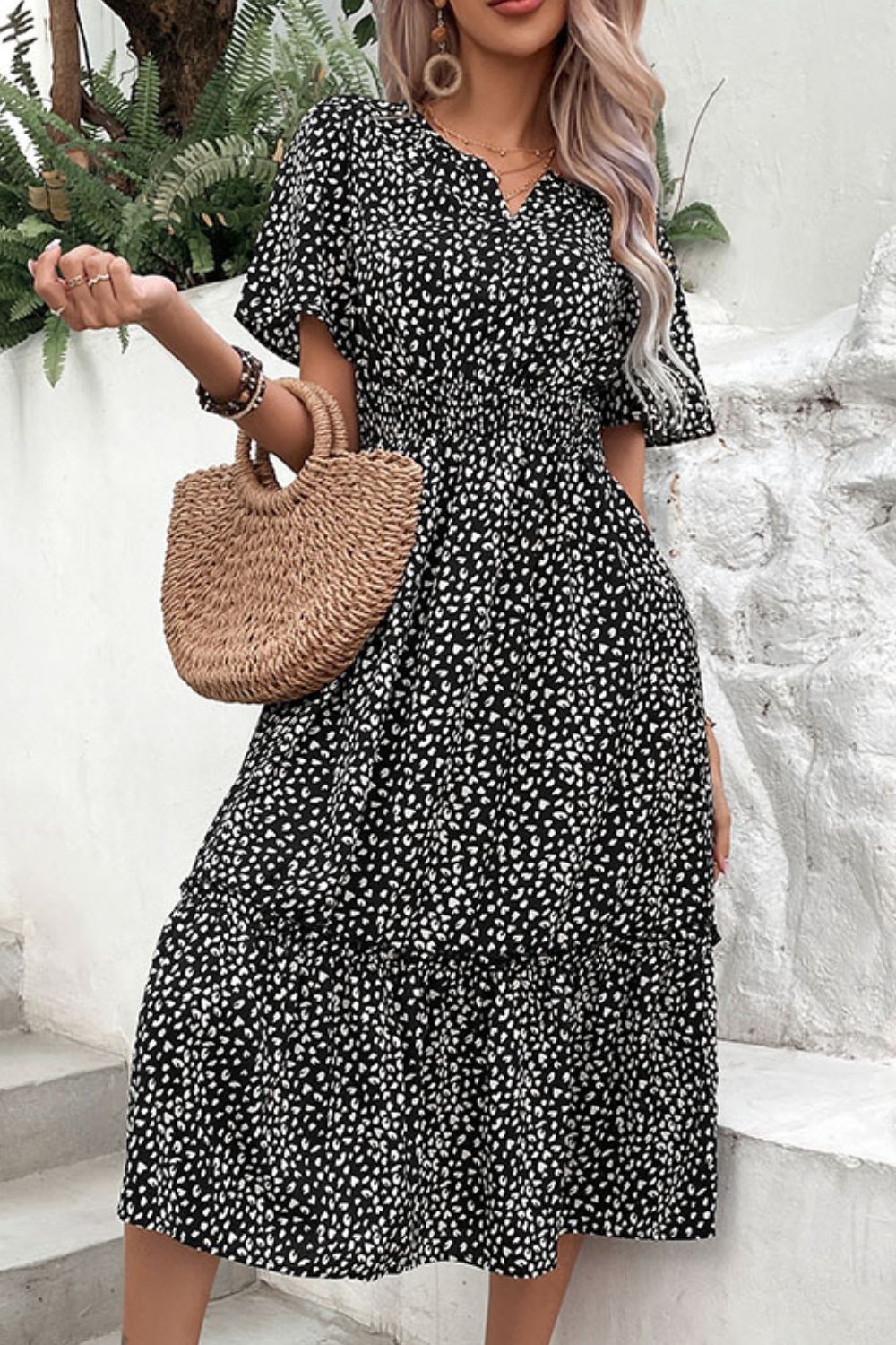 Perfee leopard print midi dress with short sleeves.