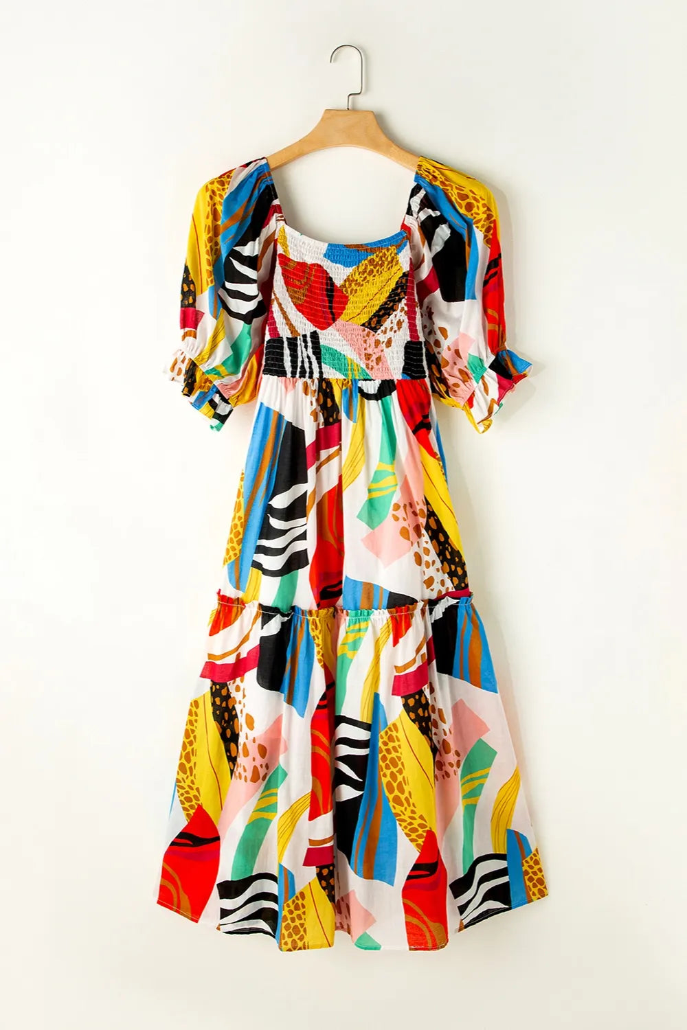 Front view of women's printed square neck short sleeve midi dress.